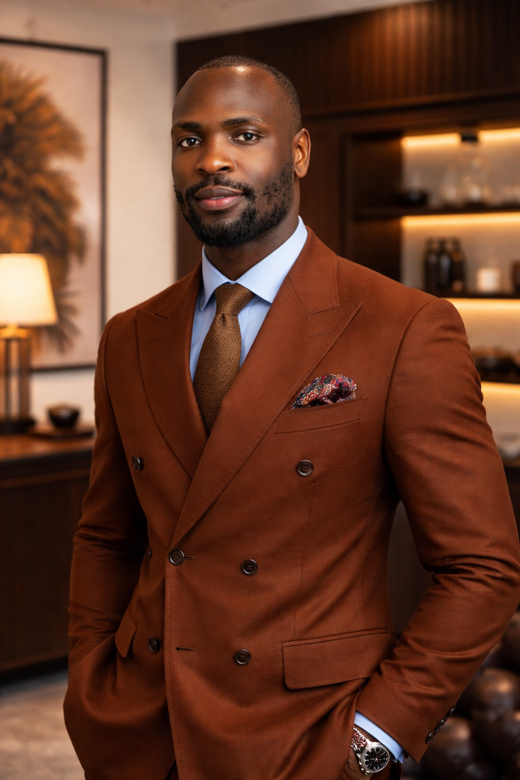James Ombati, founder of Ombati & James, wearing a brown double-breasted suit